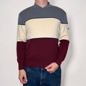 Y2K Striped High Neck V Multi Colored Wool LIDO Sports Sweater L